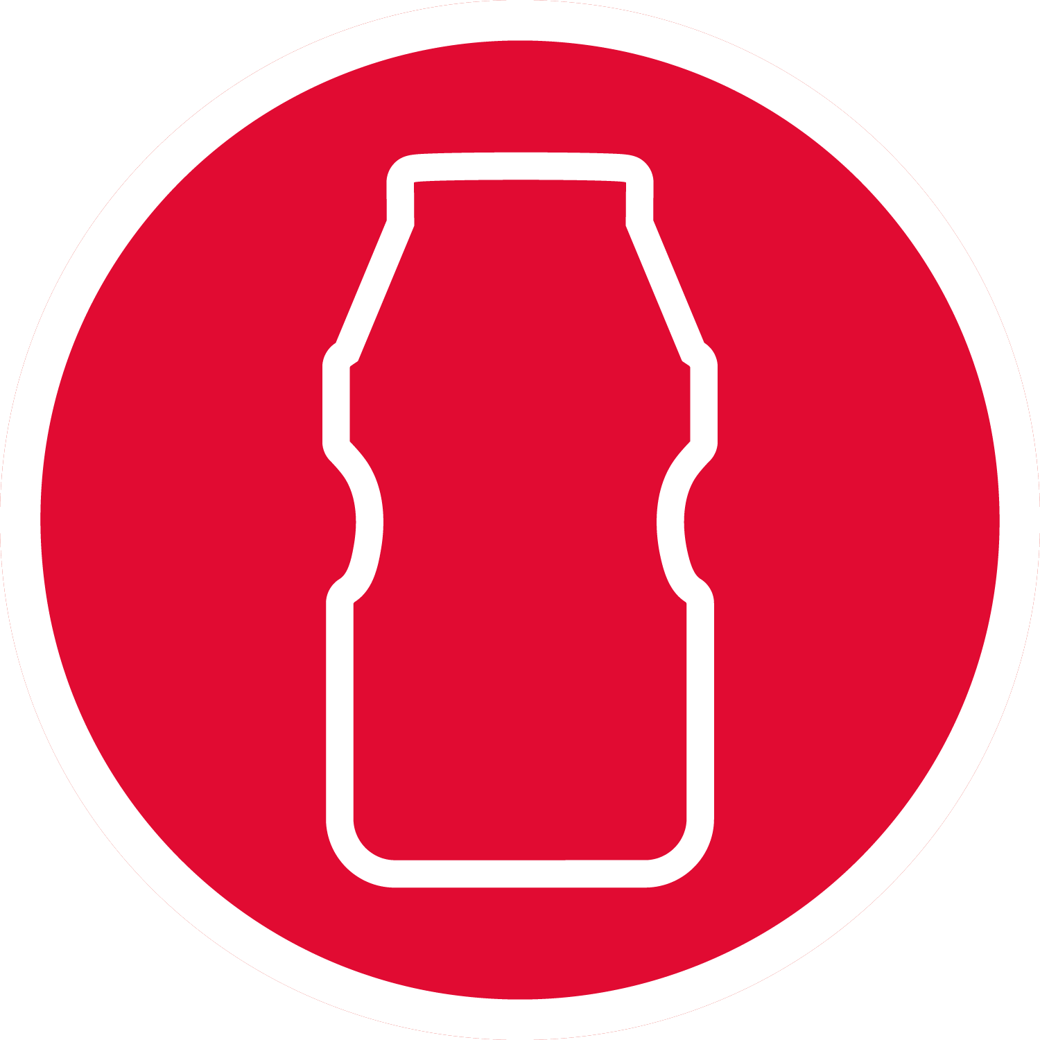 Een icoontje van een Yakult outline op een rode achtergrond in de vorm van een rondje.