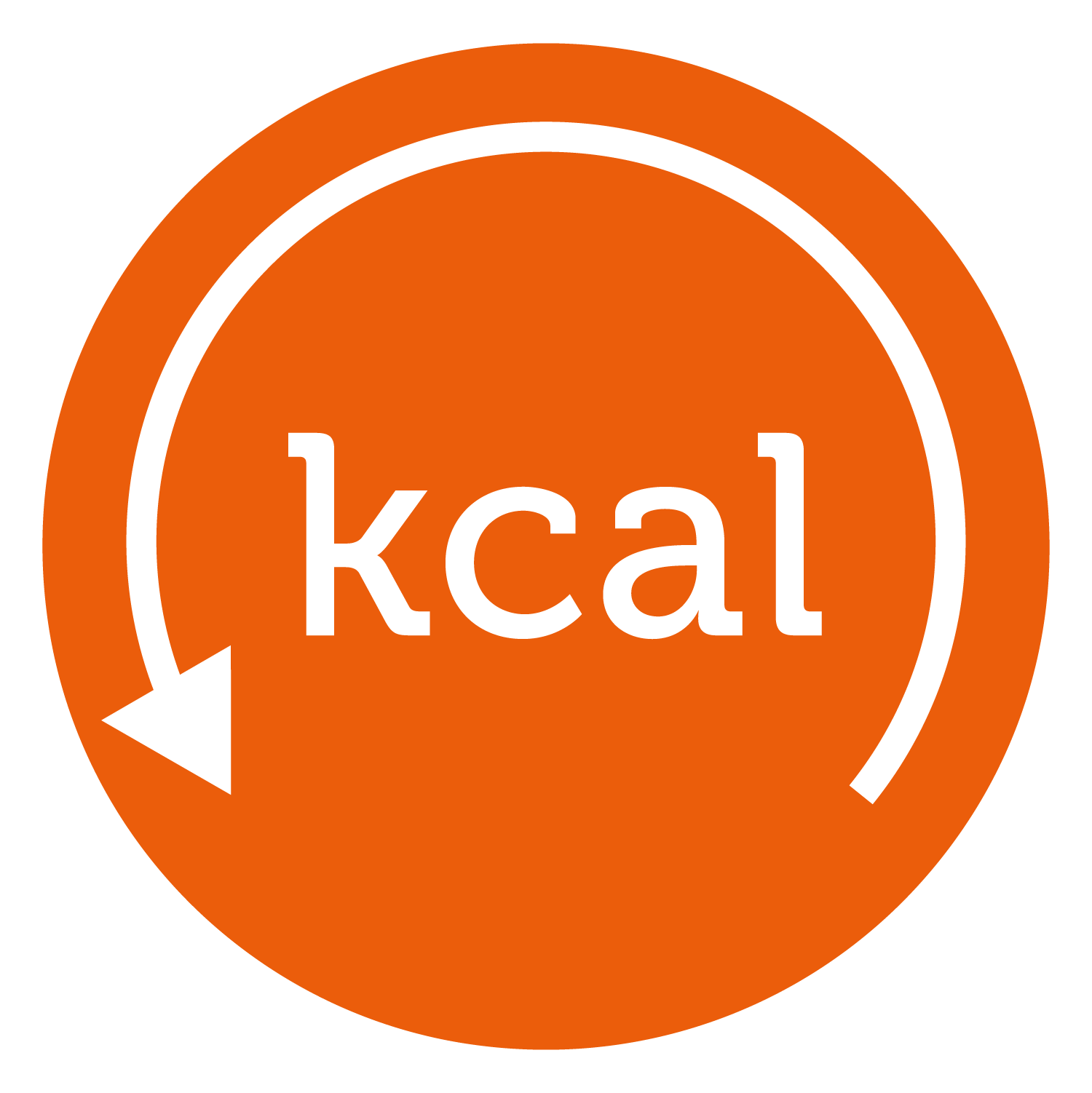 Een icoontje afkorting calorien met een pijl tegen de klok in (minder kilo calorien) outline op een oranje achtergrond in de vorm van een rondje.